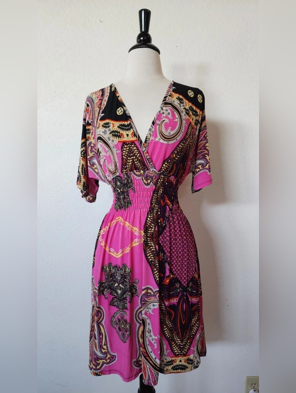 Bright Pink Paisley Wrap-Style Women's Dress